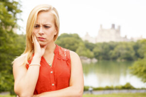 woman with furrowed brow